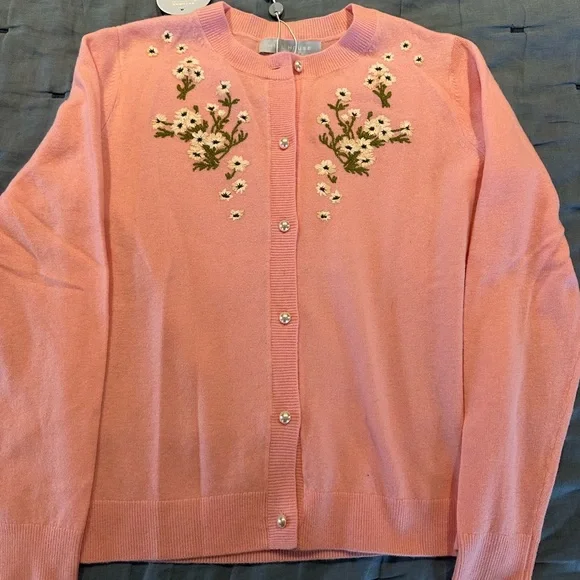 NWT Hill House Audrey Cardigan, Pink Floral Embroidered Sweater - Picture 4 of 6